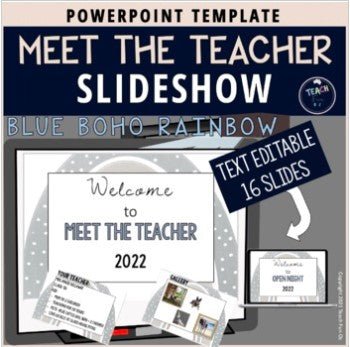 Meet the Teacher Template Editable Slideshow | BLUE BOHO RAINBOW - Teach Fun Oz Resources