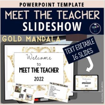 Meet the Teacher Template Editable Slideshow | Open House | GOLD ZEN MANDALA - Teach Fun Oz Resources
