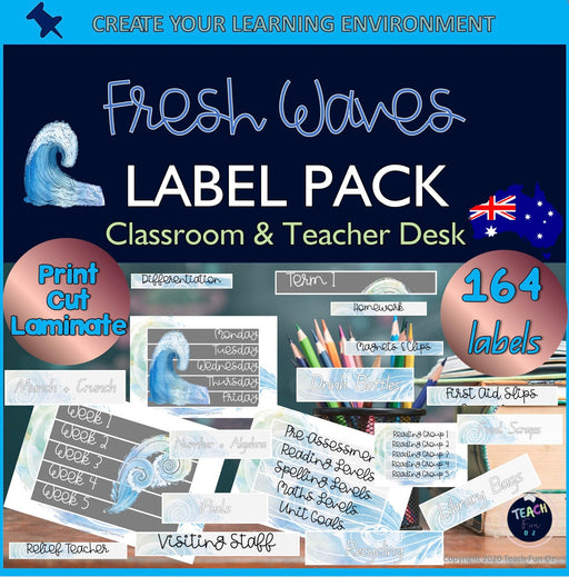 Mega 164 Labels Pack Fresh Waves Beach Theme QLD Font Classroom Decor Bundles - Teach Fun Oz Resources
