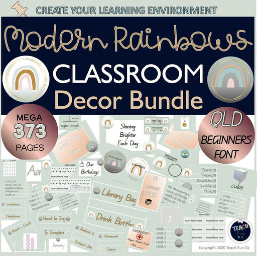 Modern Boho Rainbow Classroom Decor Theme Bundle Posters Labels QLD Font - Teach Fun Oz Resources