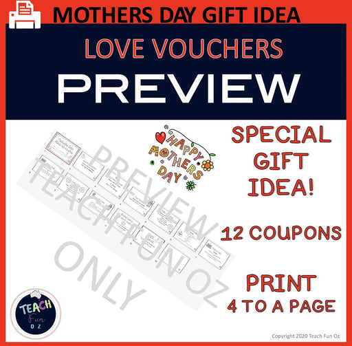 Mothers Day Love Gift Vouchers Coupons Present for Mum Mom Nan Printables - Teach Fun Oz Resources