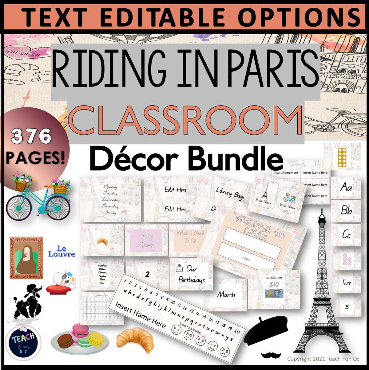 Paris France French Decor 376 Pages MEGA Pack Editable Text Eiffel Tow ...