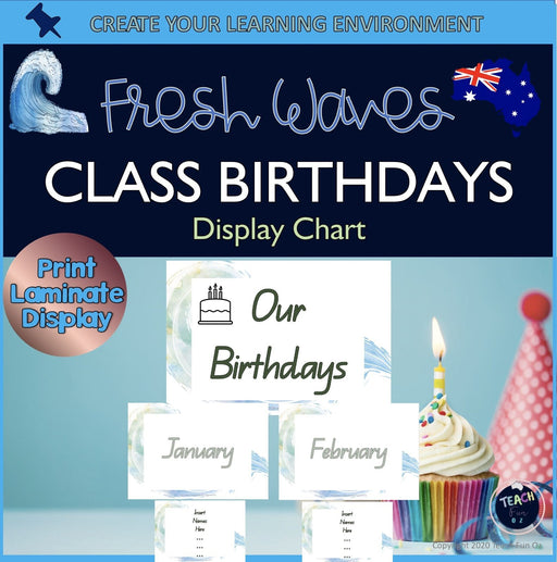 QLD Font Class Birthdays Chart Display Fresh Waves Beach Theme Classroom Decor - Teach Fun Oz Resources