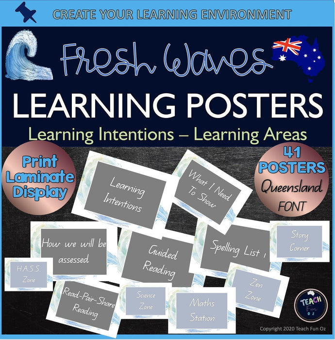 QLD Font Learning Intentions Posters and Learning Areas Waves Classroom 41 pages - Teach Fun Oz Resources