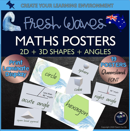 QLD Font Maths Posters 2D 3D Shapes Angles Fresh Waves Beach Classroom Decor - Teach Fun Oz Resources