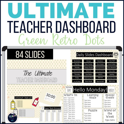 Retro Green Dots - Ultimate Teacher Dashboard Editable Daily Agenda Slides and Timers - Teach Fun Oz Resources