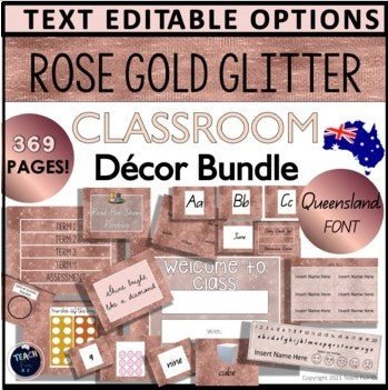 Rose Gold Glitter Theme Classroom Decor 369 Pages MEGA Pack QLD Font - Teach Fun Oz Resources