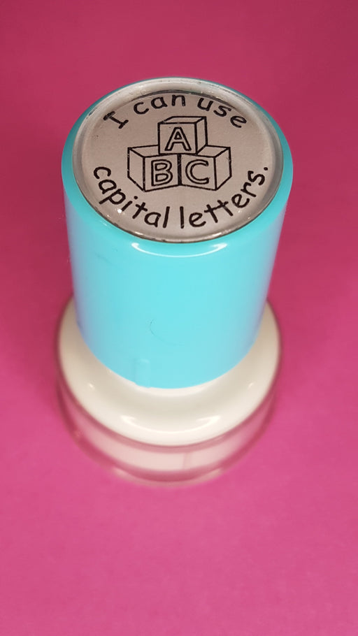 Teacher Stamp Small Round - I Can Use Capital Letters - Blue Ink - Teach Fun Oz Resources