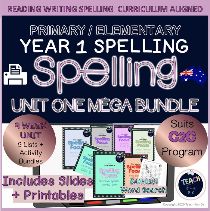 Year 1 Spelling Unit Bundle - 9 Weeks Lists Activities Packet Distance Learning - Teach Fun Oz Resources